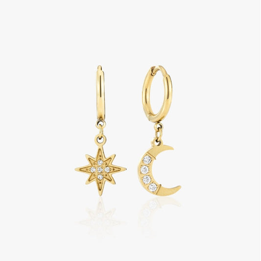 Stjerne og Måne Øreringe 14K Guldbelagt - Global Urban Jewelry
